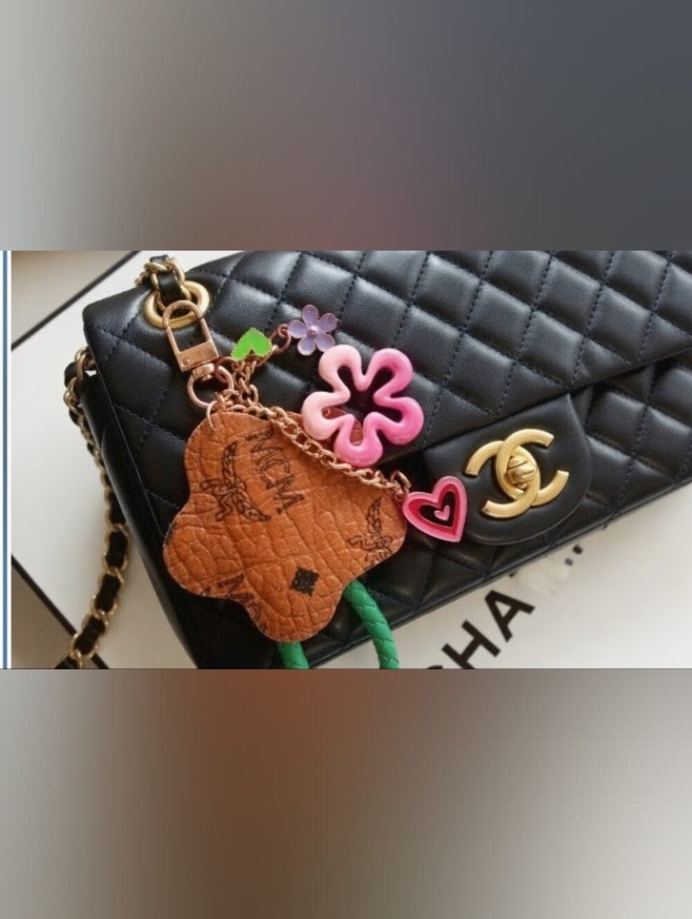 MCM Bag Charm Keychain with Brown Leather Flower & Green Braided Strap